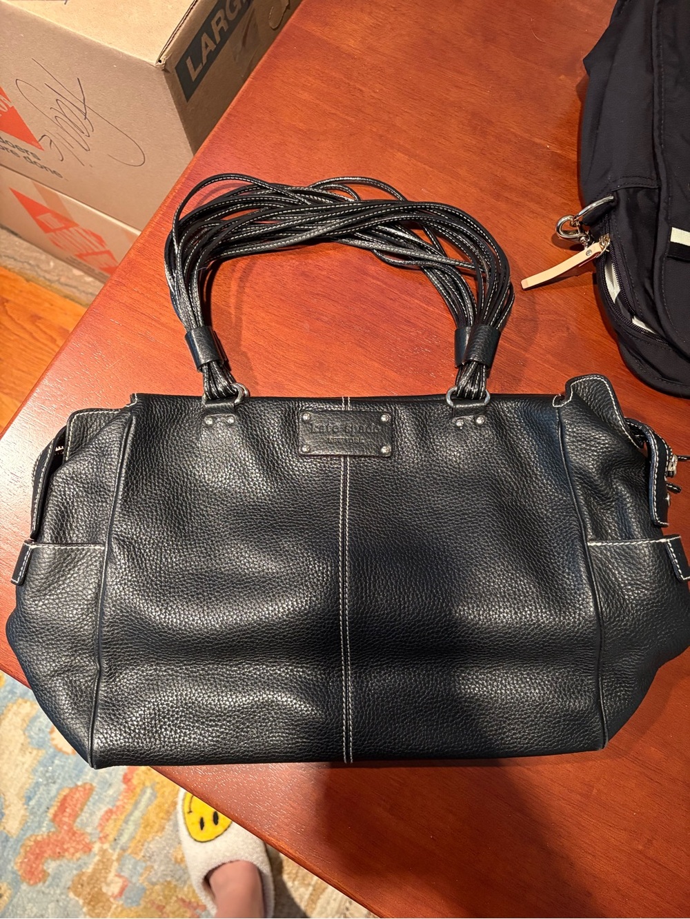 kate spade Black Pebbled Leather Shoulder Bag with Braided Handles